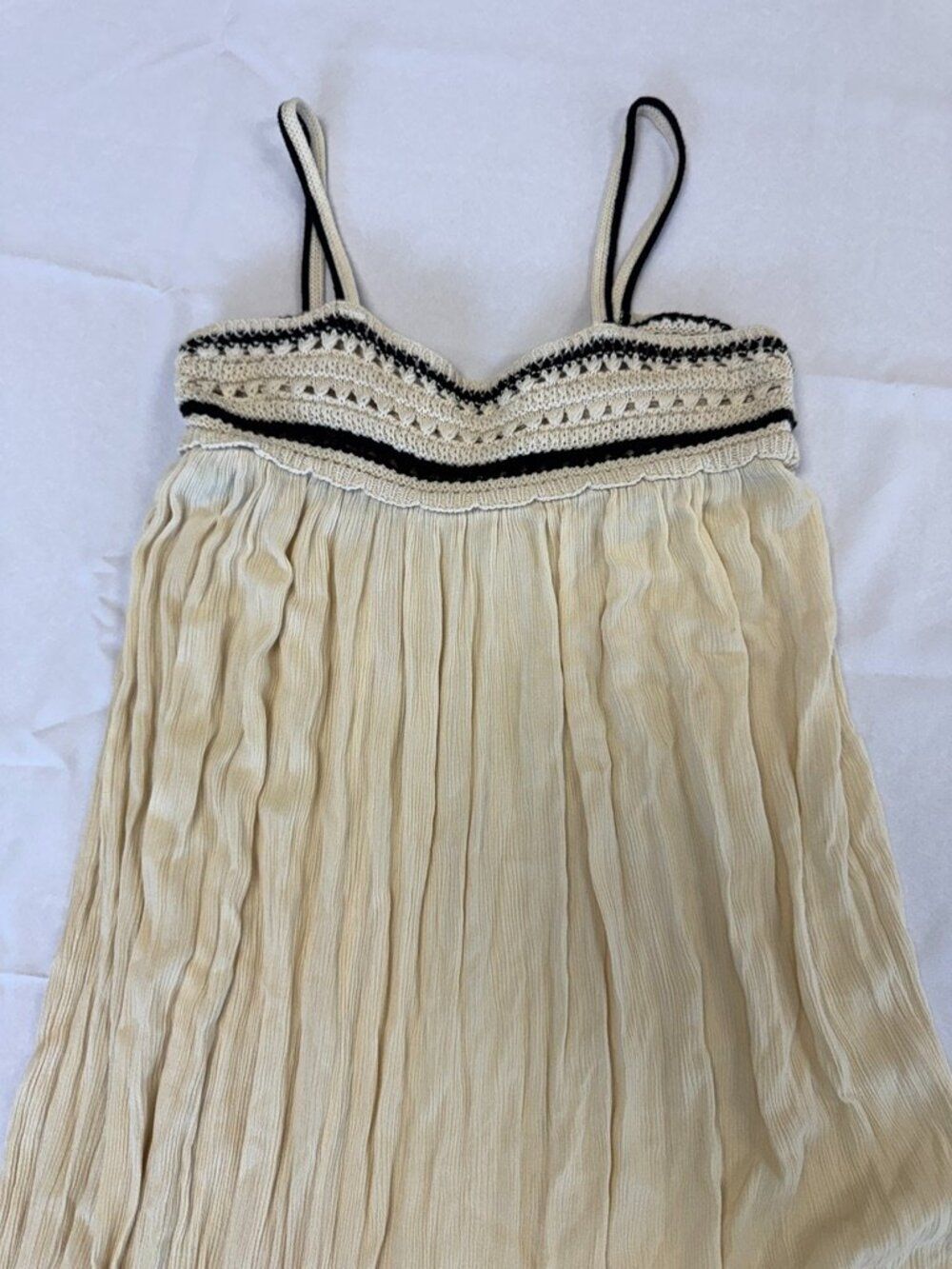Zara Ecru Crochet Knit Maxi Dress Babydoll Silhouette Black Trim Size M Rare - Picture 10 of 11
